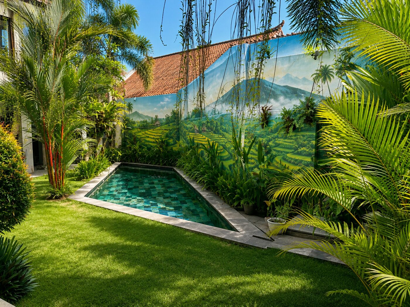 Seseh guesthouse pool and garden after renovation